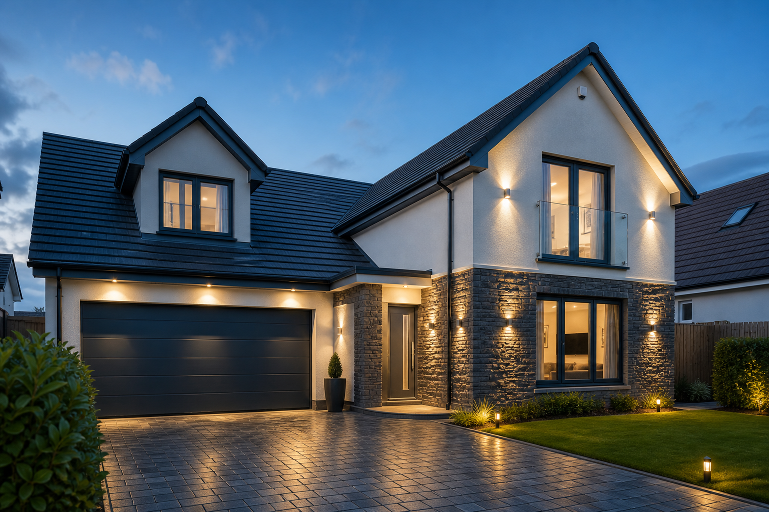 Modern home exterior with professional lighting