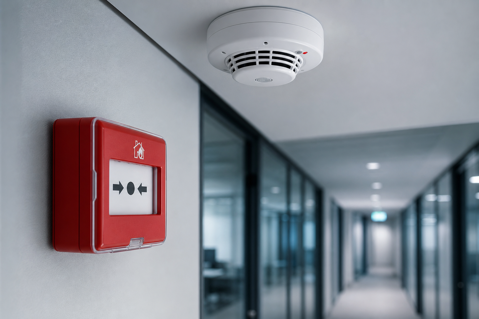 Commercial fire alarm call point and smoke detector installation