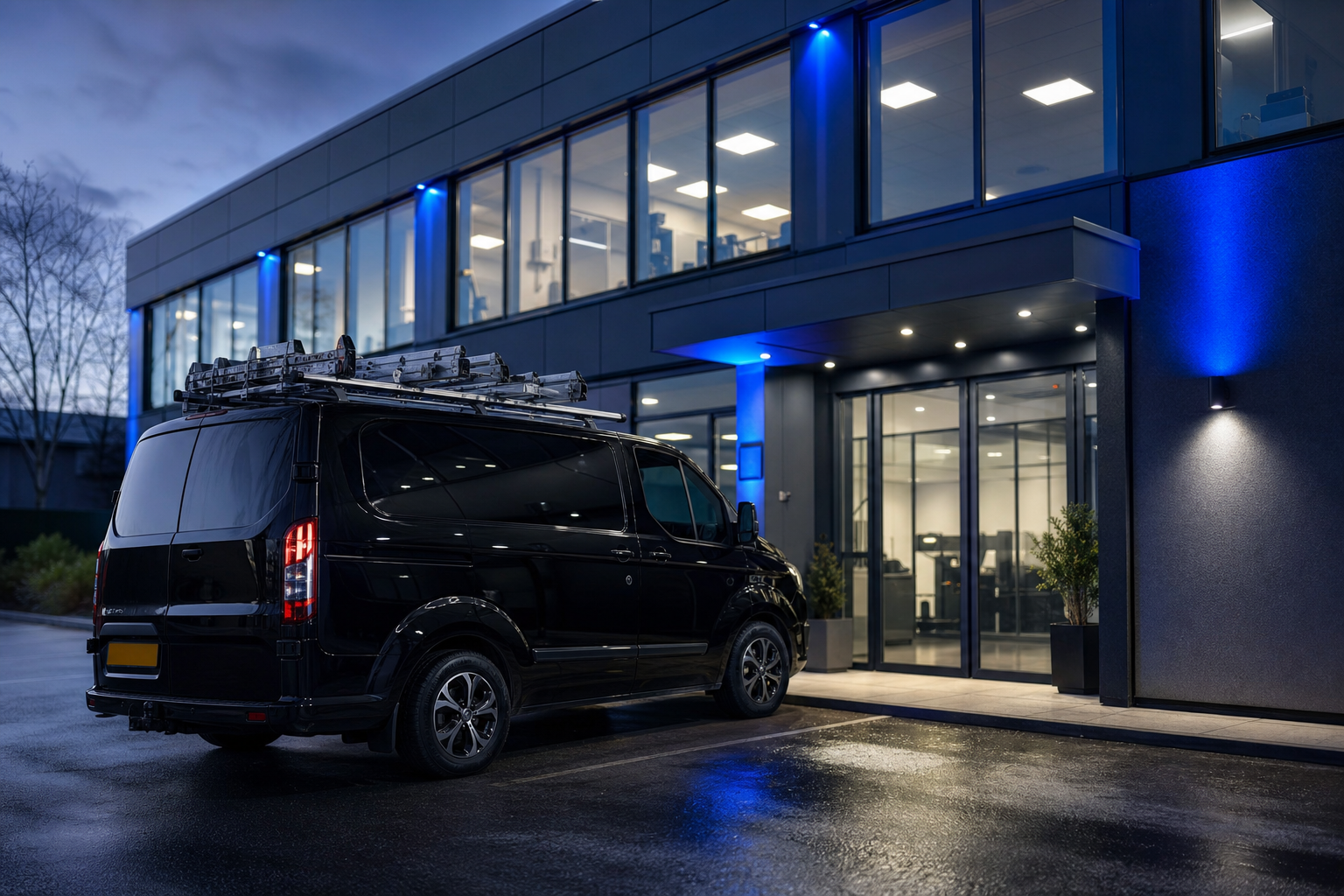 Electrical contractor van outside a modern commercial building