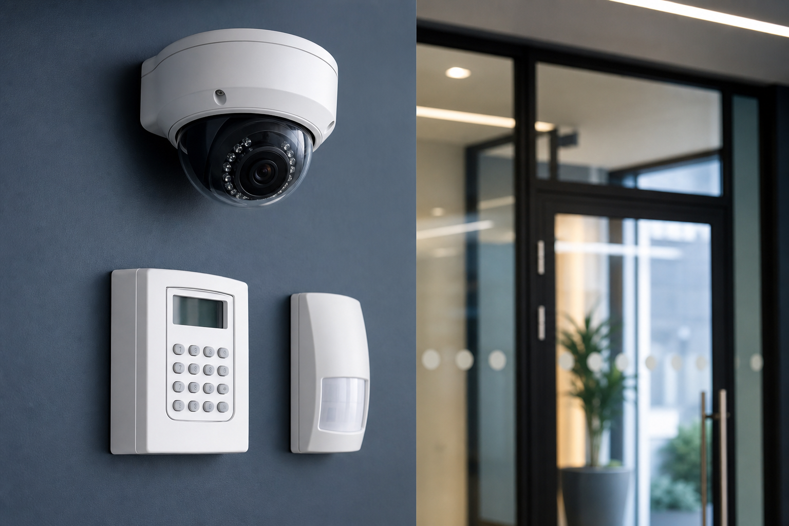 CCTV camera, intruder alarm keypad and PIR sensor installation
