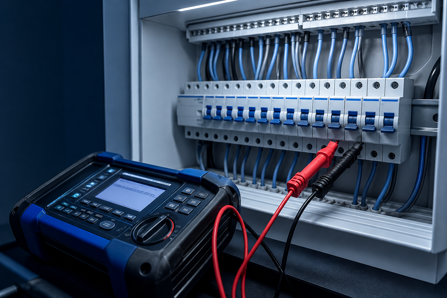 Electrical testing equipment connected to a distribution board