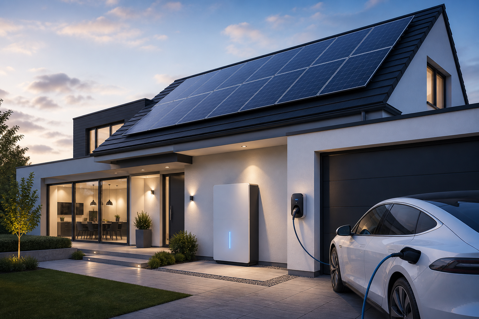 Home with solar panels, battery storage and EV charging